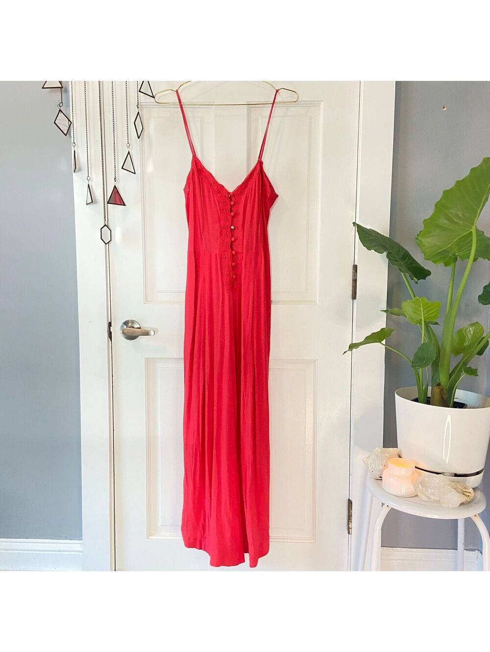 Free People Red Jumpsuit Boho Wide Leg Crochet Artsy Indie